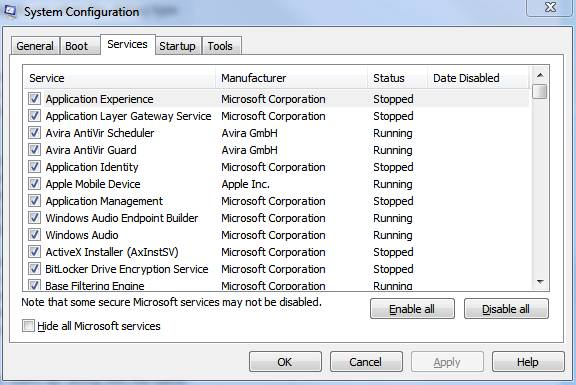 windows 7 msconfig services tab