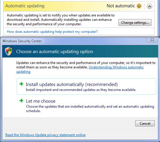 windows 7 security center automatic updating