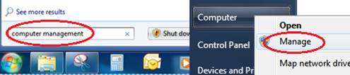 selezione di gestione computer in Windows 7