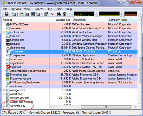 process explorer screenshot to remove viruses
