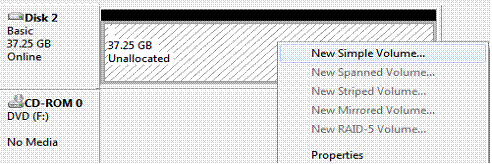 selecting new simple volume in windows 7