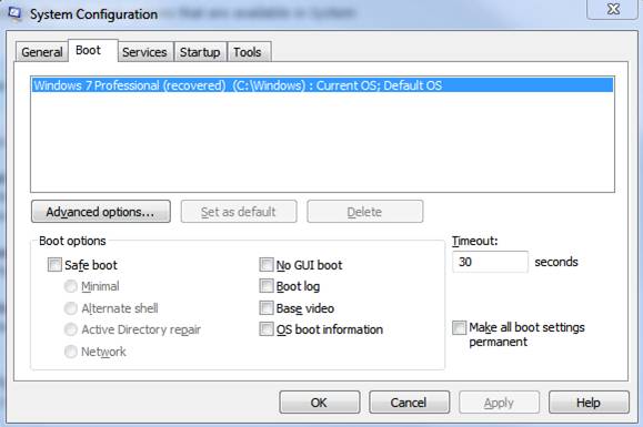 scheda di avvio di vista msconfig