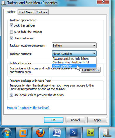 change windows 7 taskbar options