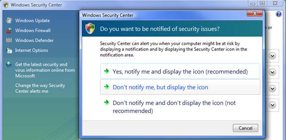 windows security center alert options